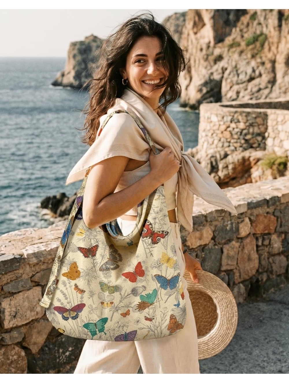 Butterfly Print Canvas Tote Bag in Beige